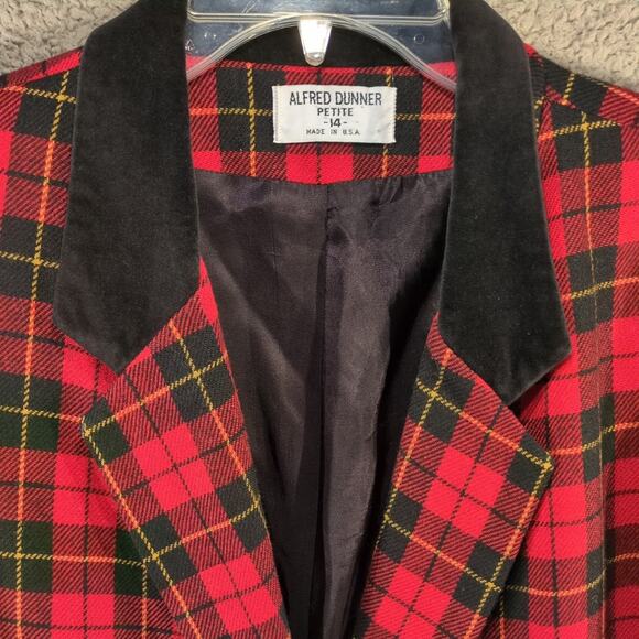 Vintage Alfred Dunner Tartan Blazer Red Wool Velvet Collar 14P Holiday 90s Boxy - Picture 5 of 11